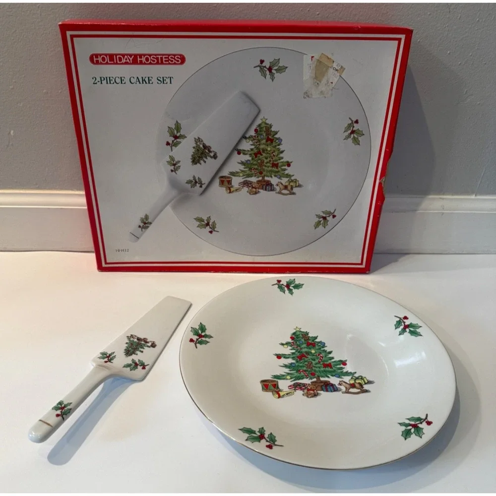 🎄 Holiday Hostess Christmas Tree 2 Piece Cake Plate Server Set Tianshan NOS Box